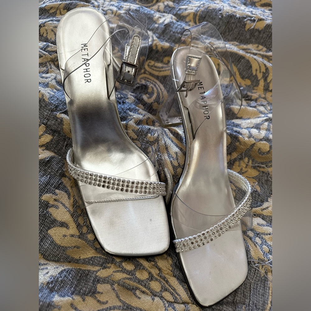 Heels METAPHOR clear with silver and rhinestones  size 8.5